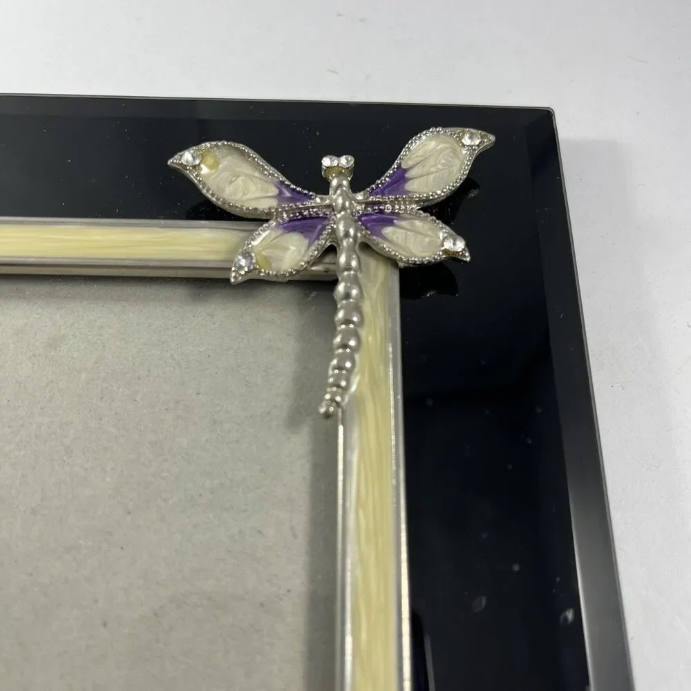 Dragonfly Flower 4x6 Photo Frame Black Enamel Ivory Accent Decorative Frame
